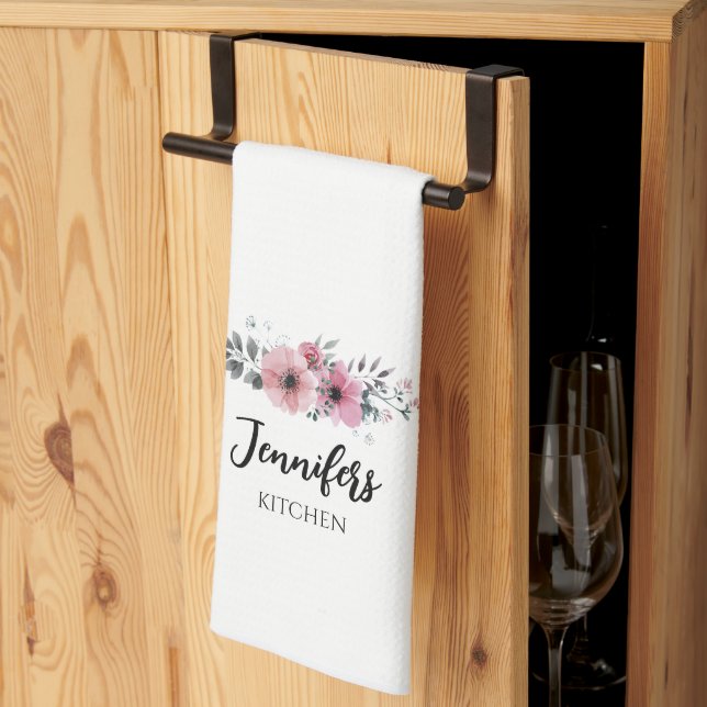 Pink Floral Rose Personalized Kitchen Towel (Thirds Fold)