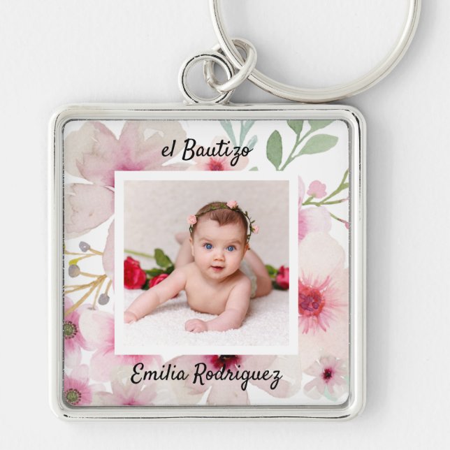 Pink Floral Rose PHOTO BAUTIZO Baptism Girls Named Keychain (Front)