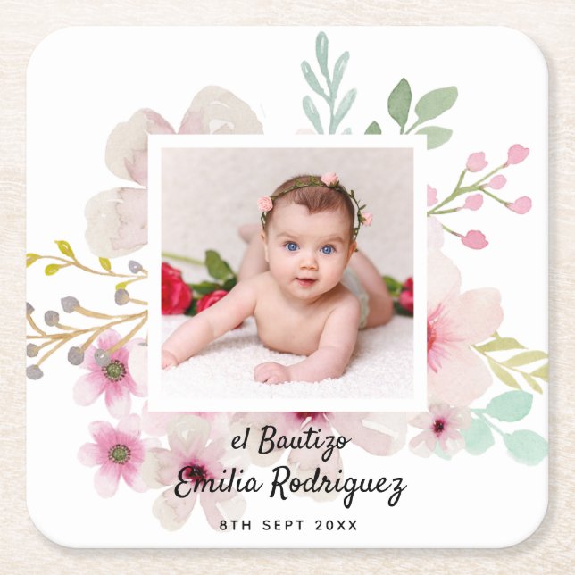 Pink Floral Rose PHOTO BAUTIZO Baptism Girls Named Square Paper Coaster (Front)
