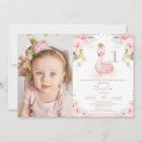 Pink Floral Rose Photo Princess Swan 1st Birthday