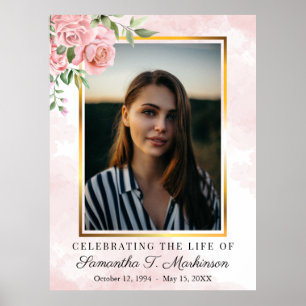 Pink Floral Rose Photo Watercolor Funeral Poster