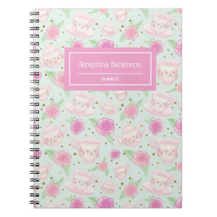 Pink Floral Rose Tea Pattern Personalized Notebook