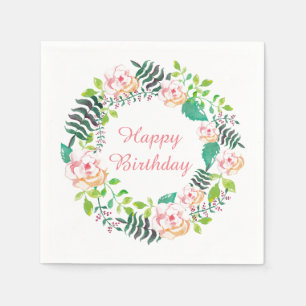 Pink Floral Rose Wreath Happy Birthday Napkin