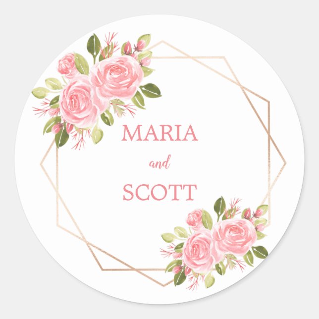 Pink Floral Roses and Gold Foil Wedding Sticker (Front)
