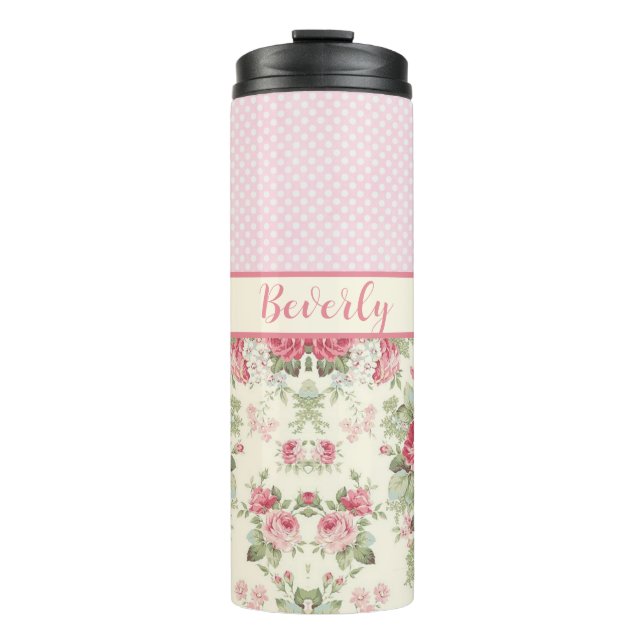 Pink Floral Roses and Pink and White Polka Dots Thermal Tumbler (Front)