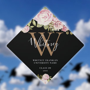 Pink Floral Roses Elegant Script Gold Monogram Graduation Cap Topper