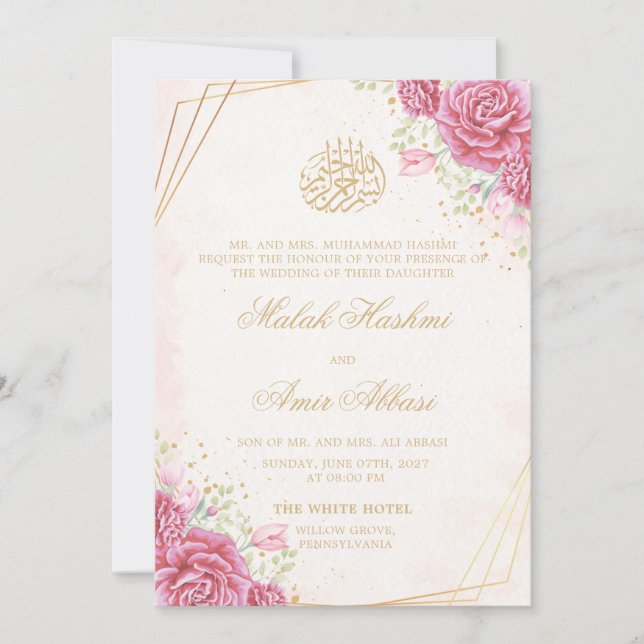 Pink Floral & Roses Gold Islamic Muslim wedding Invitation (Front)
