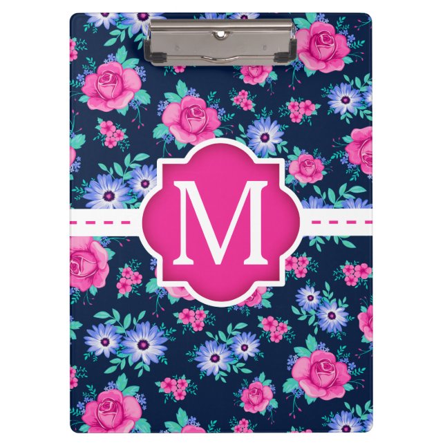 Pink Floral Roses Pattern Custom Monogram Clipboard (Front)