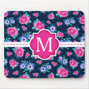 Pink Floral Roses Pattern Custom Monogram Mouse Pad
