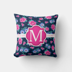 Pink Floral Roses Pattern Custom Monogram Throw Pillow