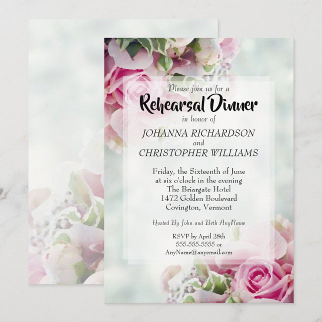 Pink Floral Roses & Peony Wedding Rehearsal Dinner Invitation (Front/Back)