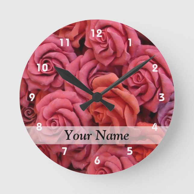 Pink floral roses round clock (Front)