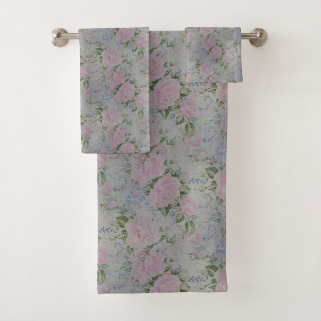 Pink Floral Roses Vintage Bath Towel Set (Insitu)