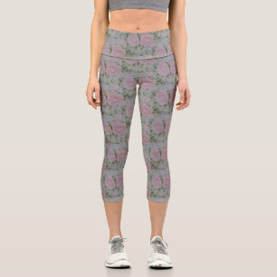 Pink Floral Roses Vintage Capri Leggings