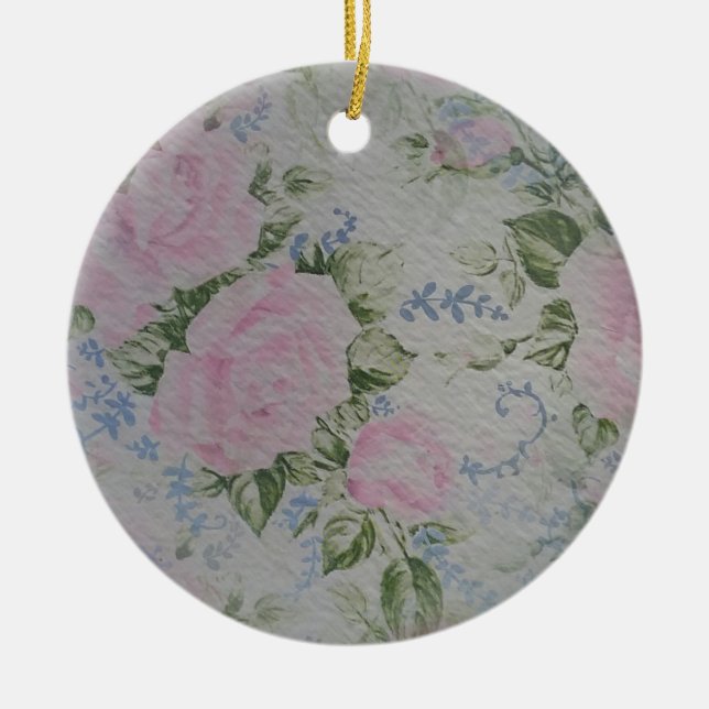 Pink Floral Roses Vintage Ceramic Ornament (Front)