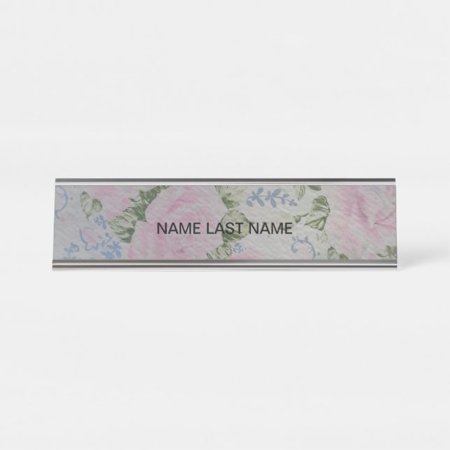 Pink Floral Roses Vintage Desk Name Plate (Front)