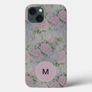 Pink Floral Roses Vintage Name Monogram iPhone 13 Case