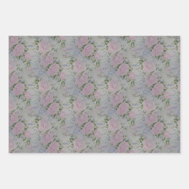 Pink Floral Roses Vintage Wrapping Paper Sheet (Front)