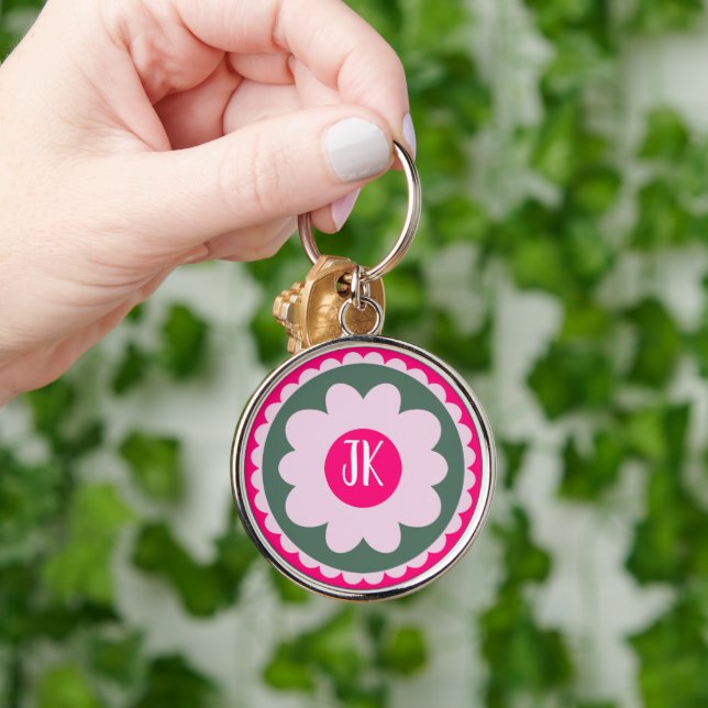 Pink Floral Round Metal Keychain (Hand)