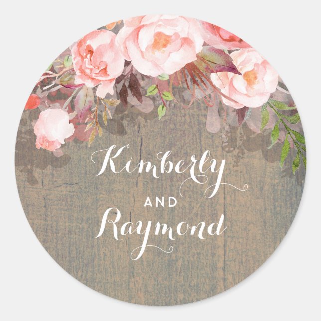 Pink Floral Rustic Barn Wedding Classic Round Sticker (Front)