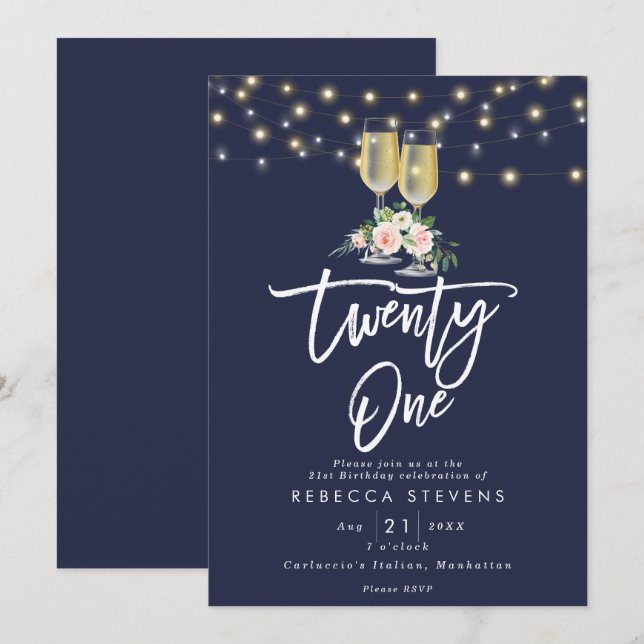 pink floral rustic navy lights 21st birthday invitation (Front/Back)
