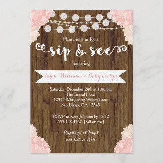 Pink Floral Rustic Sip and See Invitation