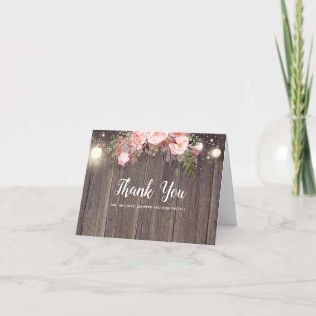 Pink Floral Rustic Wedding Thank You Card (Front)