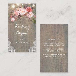 Pink Floral Rustic Wood Lace String Lights Business Card