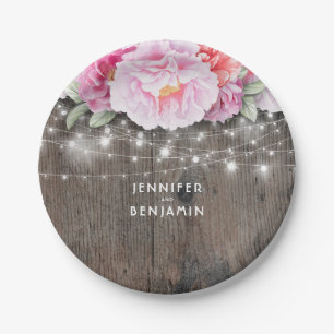 Pink Floral Rustic Wood Lights Wedding Paper Plate