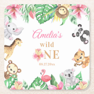 Pink Floral Safari Animals Birthday Square Paper Coaster