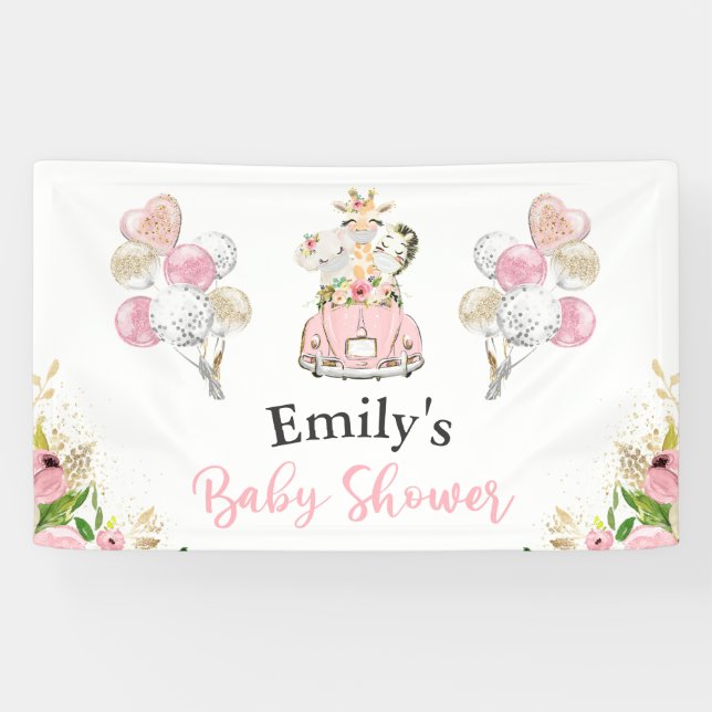 Pink Floral Safari Animals Drive By Baby Shower Banner (Horizontal)