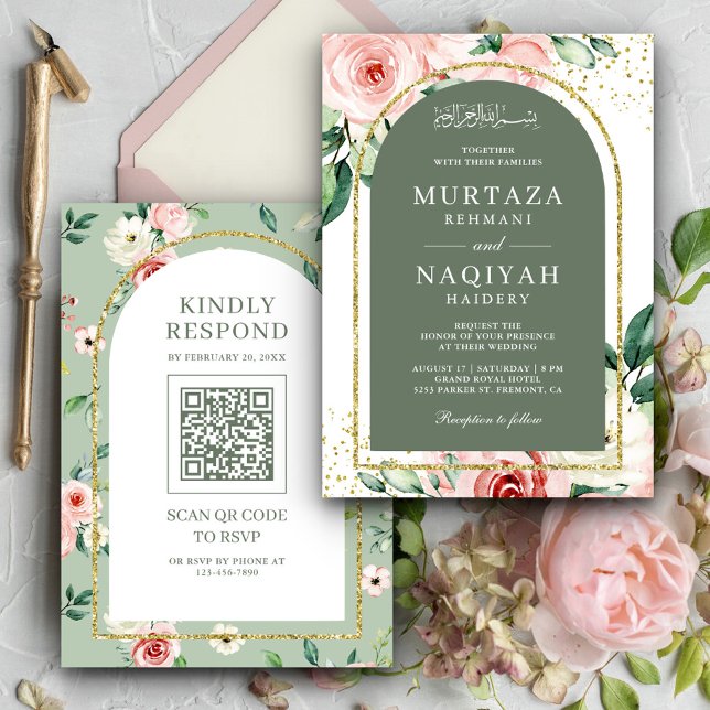 Pink Floral Sage Green Arch QR Code Muslim Wedding Invitation (Creator Uploaded)