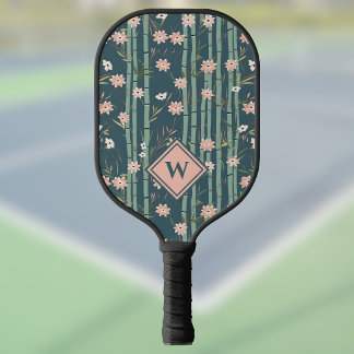 Pink Floral Sage Green Bamboo Japanese Initial Pickleball Paddle