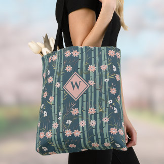 Pink Floral Sage Green Bamboo Japanese Initial Tote Bag