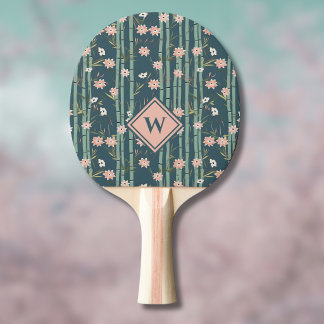 Pink Floral Sage Green Bamboo Print Monogram Ping Pong Paddle