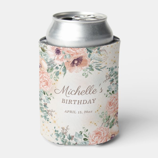 Pink Floral Sage Green Leaves Birthday Can Cooler (Can Front)