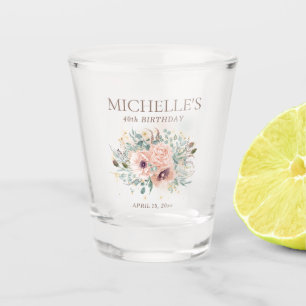 Pink Floral Sage Green Leaves Glitter Birthday Shot Glass