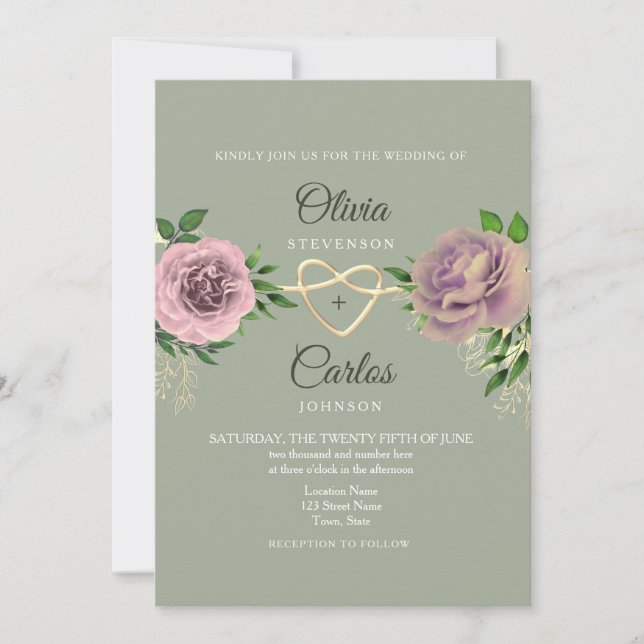 Pink Floral Sage Green Wedding Invitation (Front)