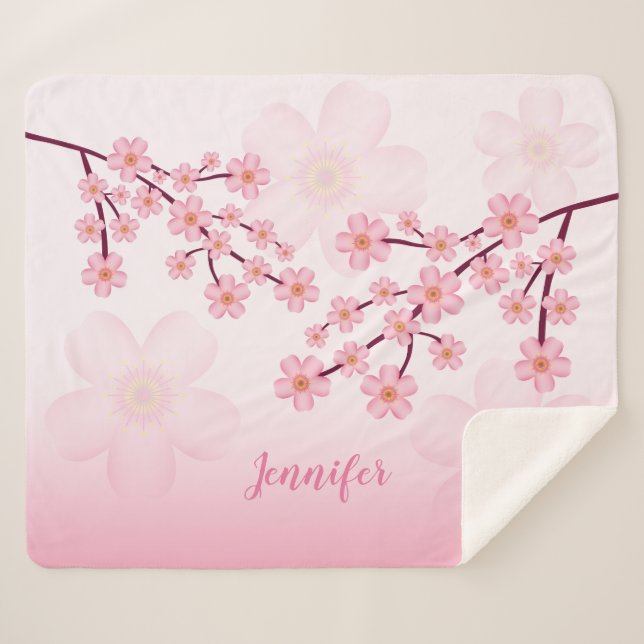 Pink Floral Sakura Cherry Blossom With Any Name Sherpa Blanket (Front (Horizontal))