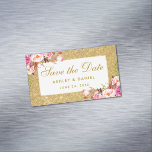 Pink Floral Save The Date Gold Glitter Mini Magnet