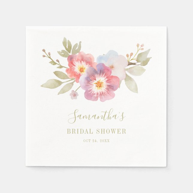Pink Floral Script Botanical Bridal Shower Napkin (Front)