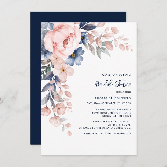 Pink Floral Script Elegant Bridal Shower Invitation (Front/Back)