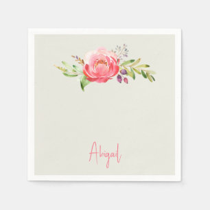 Pink Floral Script Name  Baby Shower  Napkin