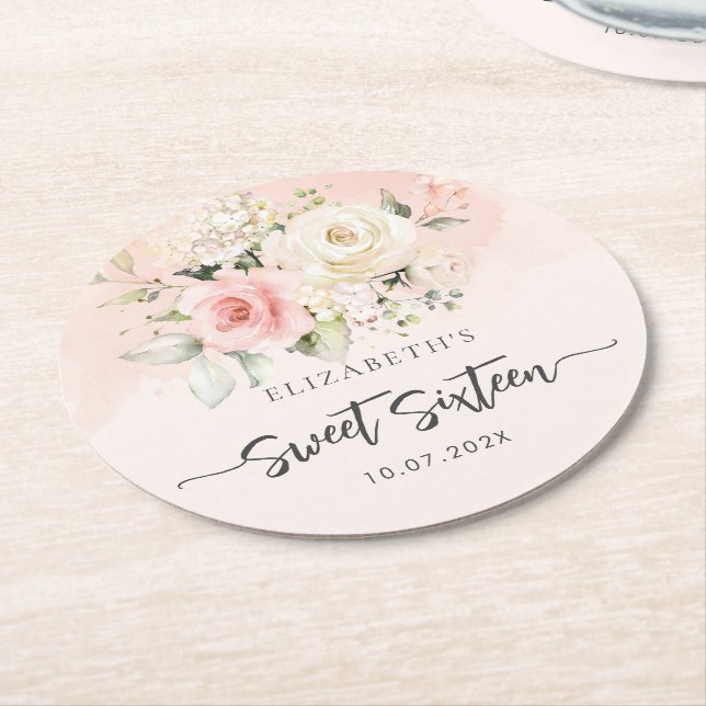 Pink Floral Script Sweet 16 Birthday Party Round Paper Coaster (Angled)