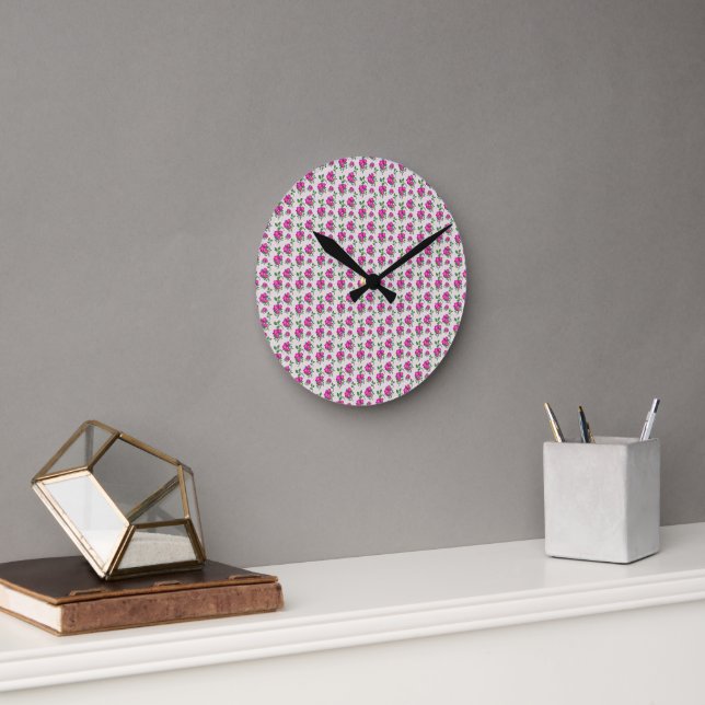 Pink Floral Seamless Pattern | Elegant Watercolor  Round Clock (Office)