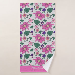 Pink floral seamless pattern personalized name bath towel