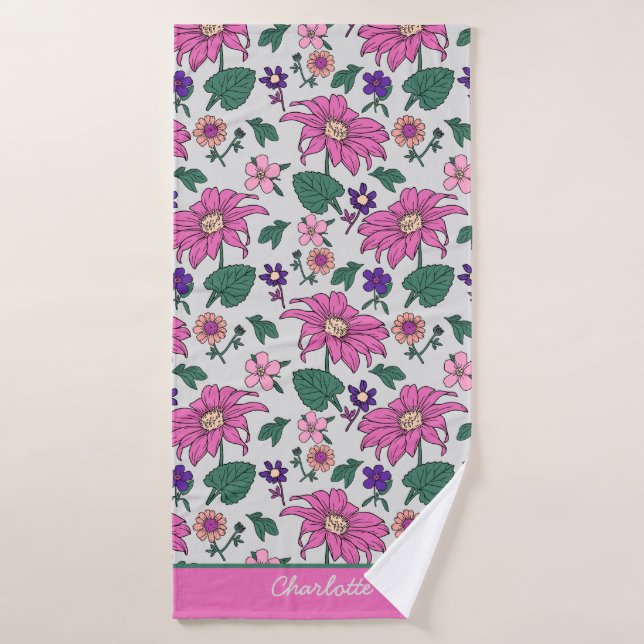 Pink floral seamless pattern personalized name  bath towel (Bath Towel)