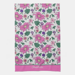 Pink floral seamless pattern personalized name kitchen towel
