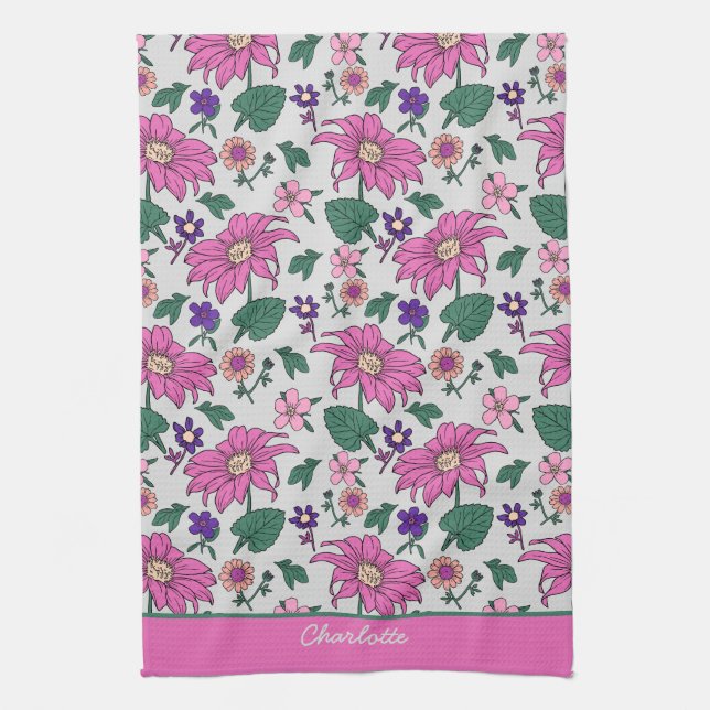 Pink floral seamless pattern personalized name  kitchen towel (Vertical)