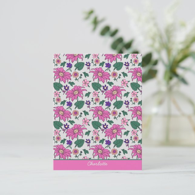 Pink floral seamless pattern personalized name  postcard (Standing Front)